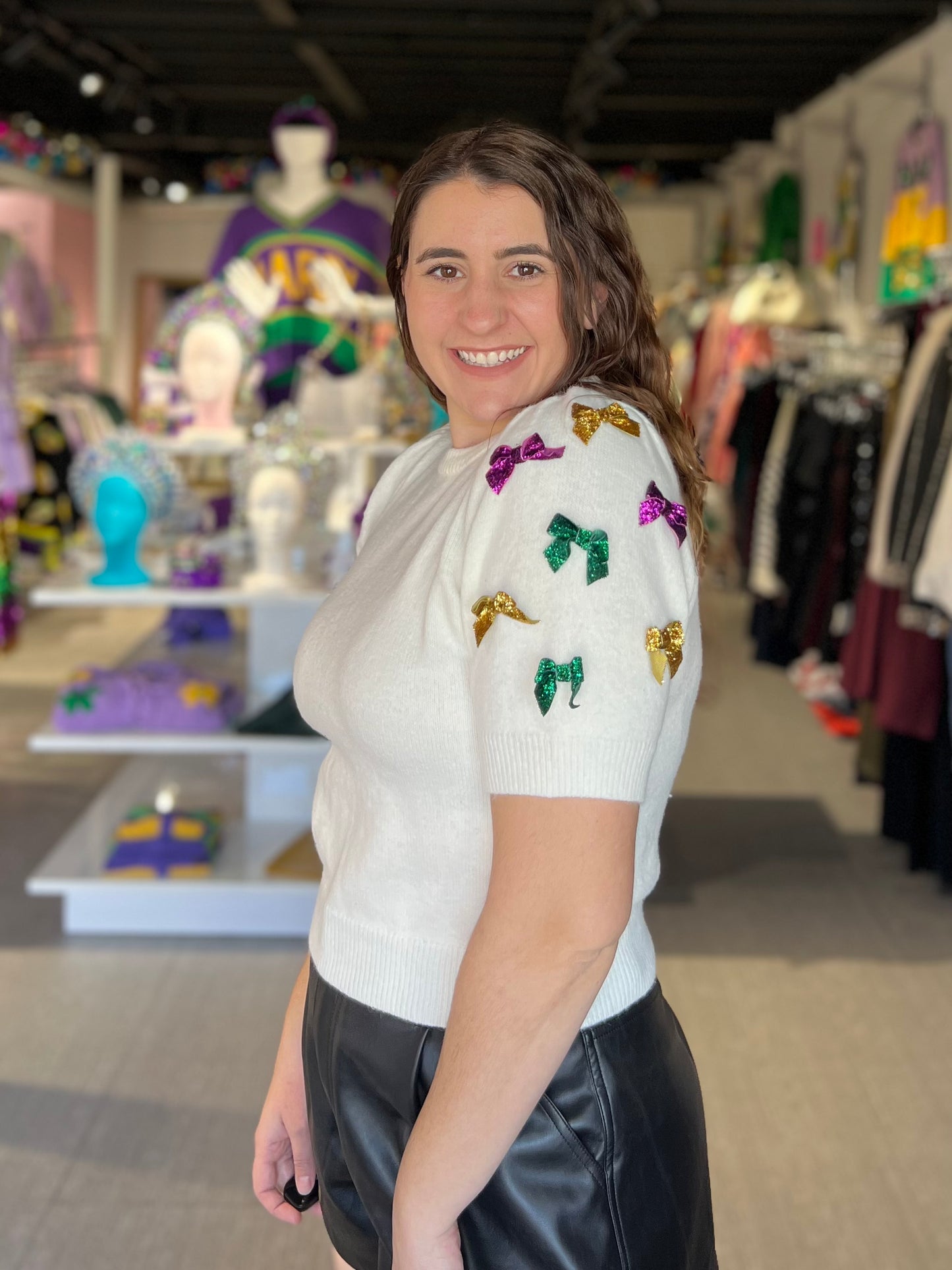 Mardi Gras Glitter Bow Puff Short Sleeve Sweater