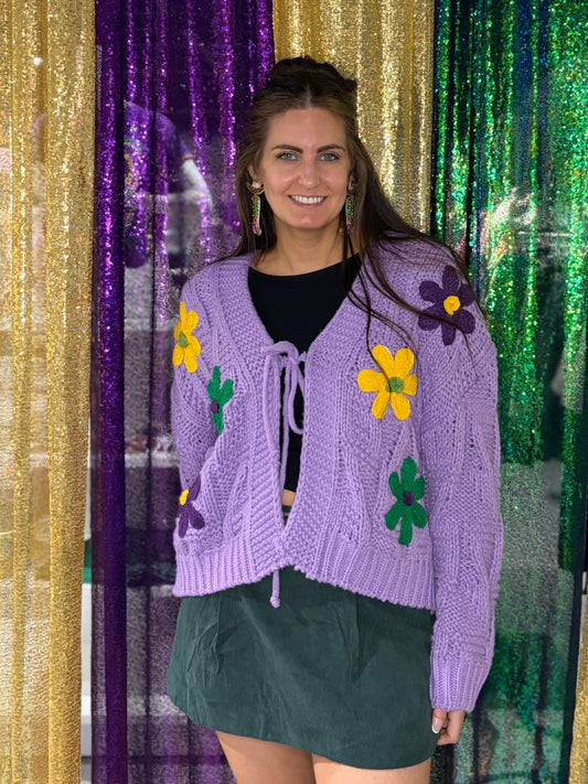 Mardi Gras Flower Patched Cardigan