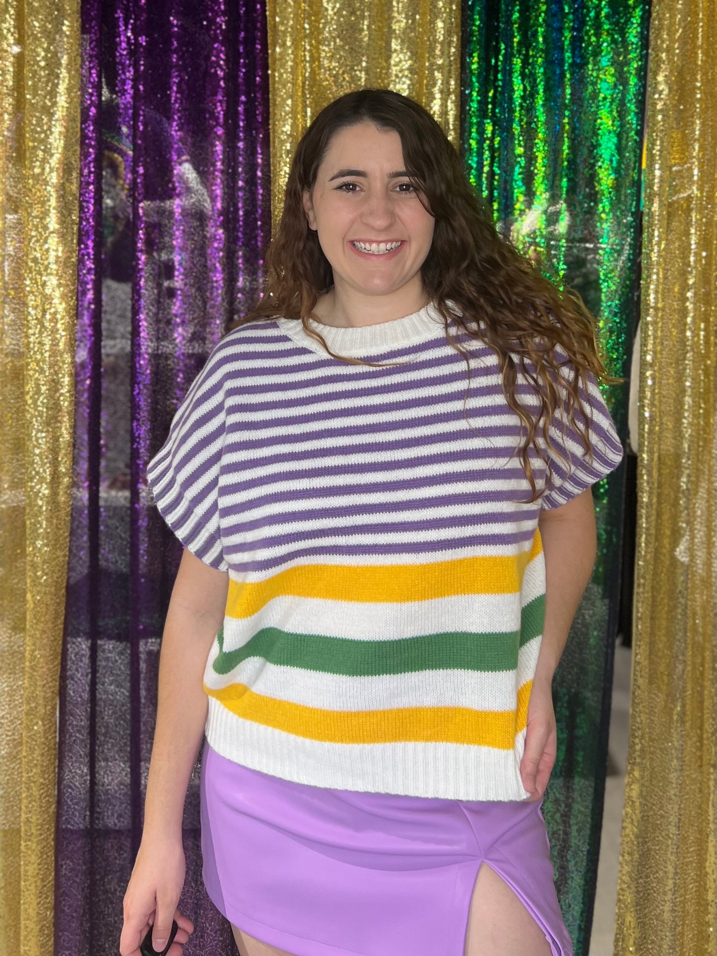 Mardi Gras Drop Shoulder Knit Top