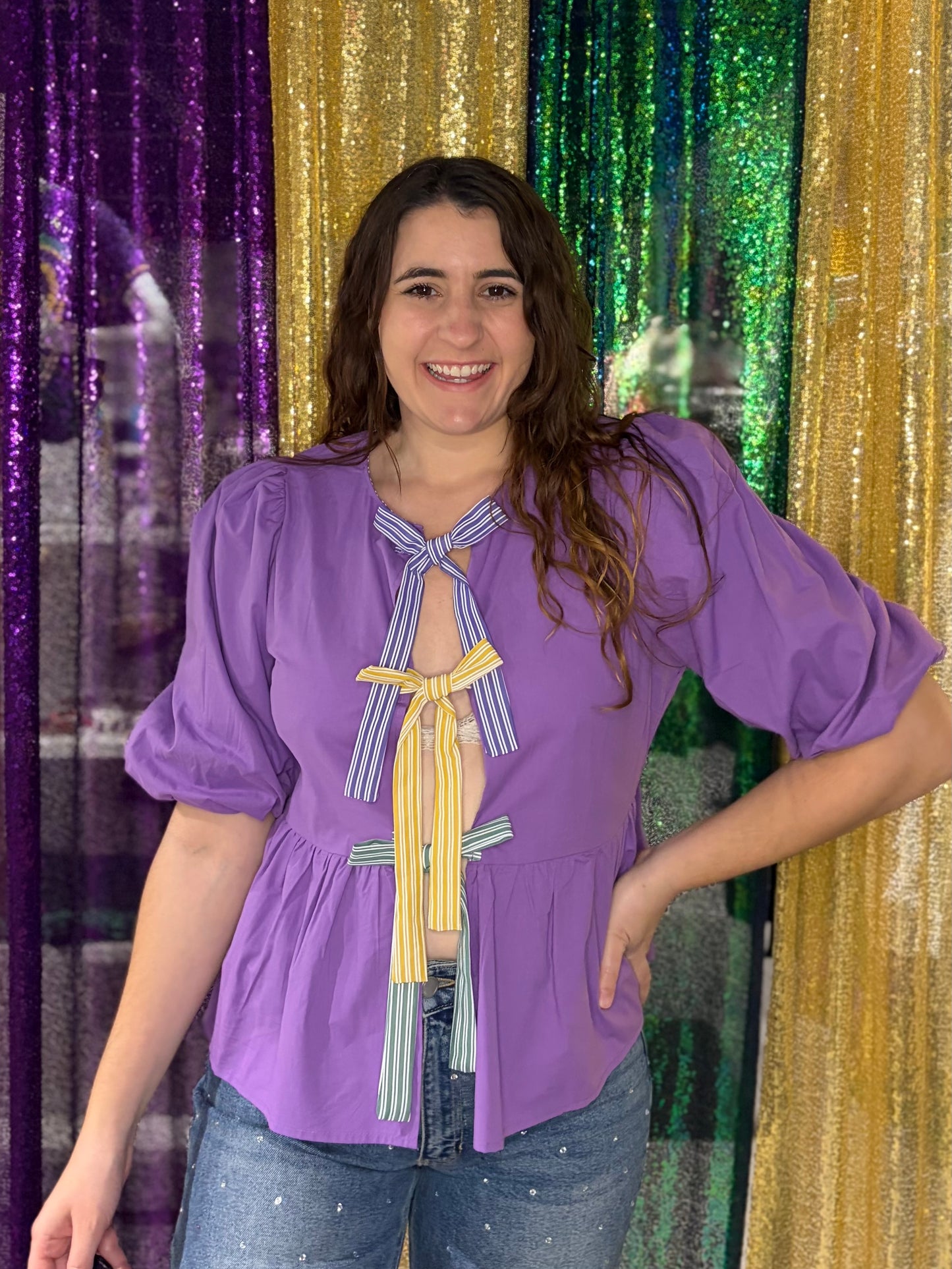 Mardi Gras Bow Peplum Blouse