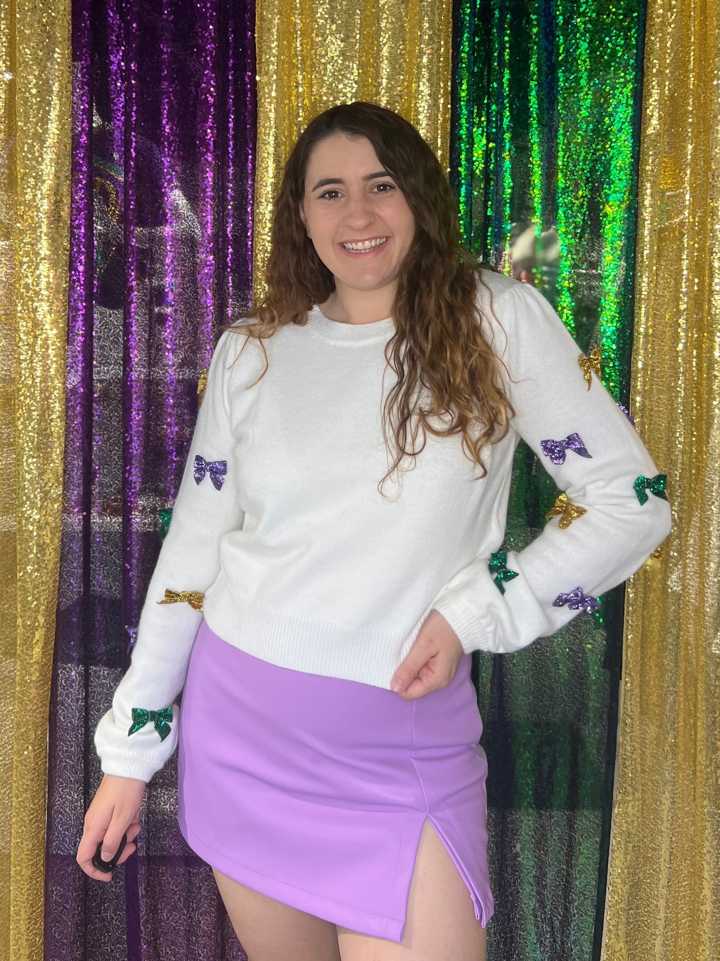 Mardi Gras Glitter Bow Sleeve Sweater