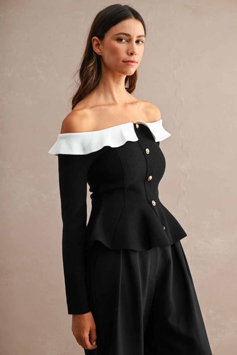 Black and White Off Shoulder Knit Top