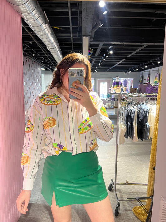 Mardi Gras King Cake Sequin Button Down