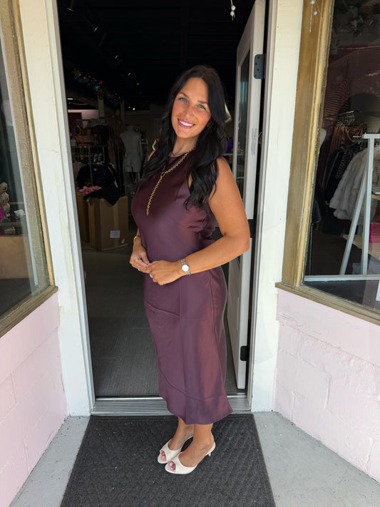 Plum Satin Midi Dress