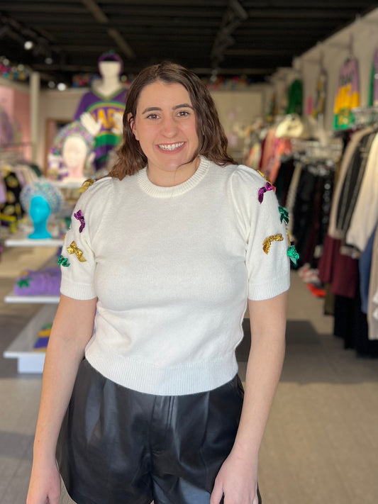 Mardi Gras Glitter Bow Puff Short Sleeve Sweater