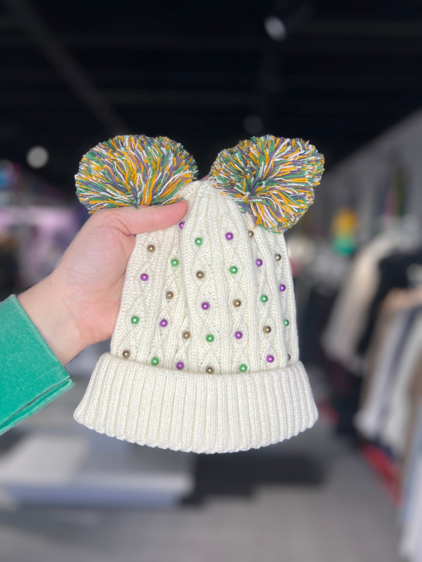Mardi Gras Pearl Pom Pom Kids Beanie