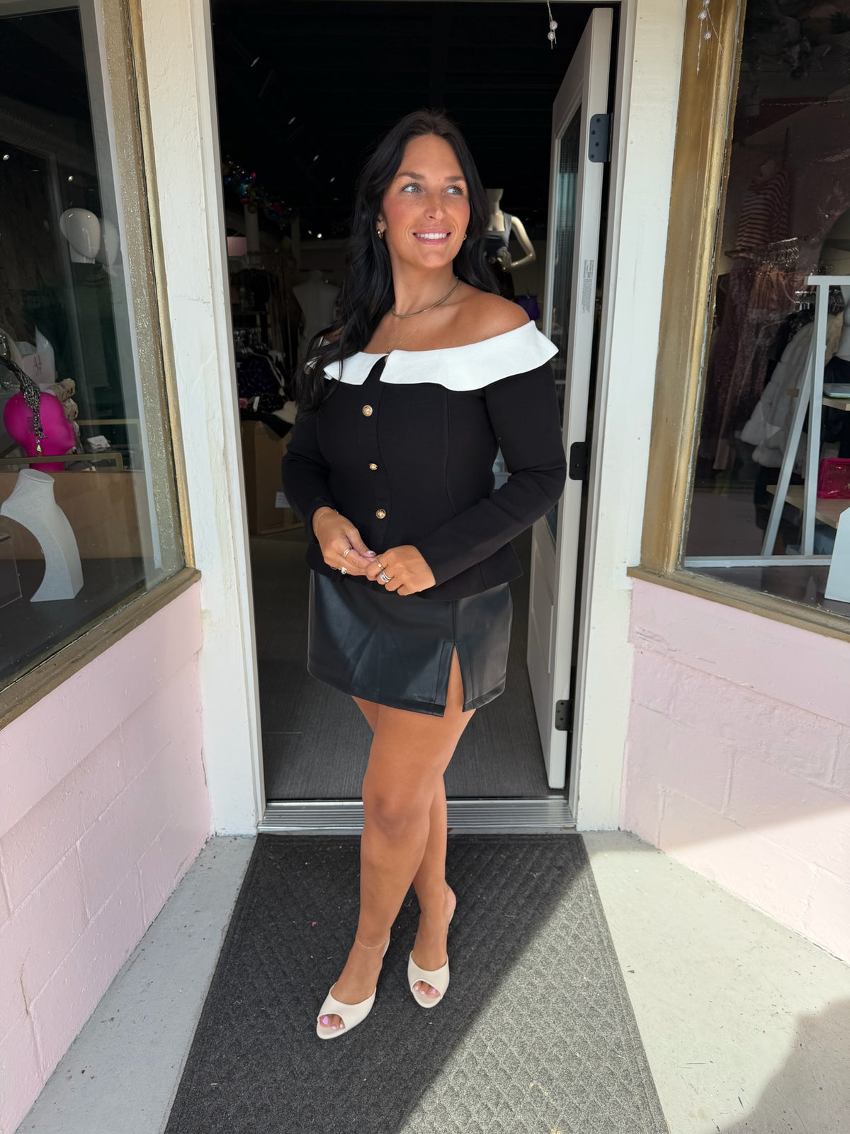 Black and White Off Shoulder Knit Top