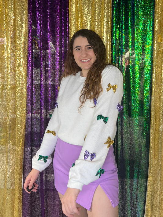 Mardi Gras Glitter Bow Sleeve Sweater