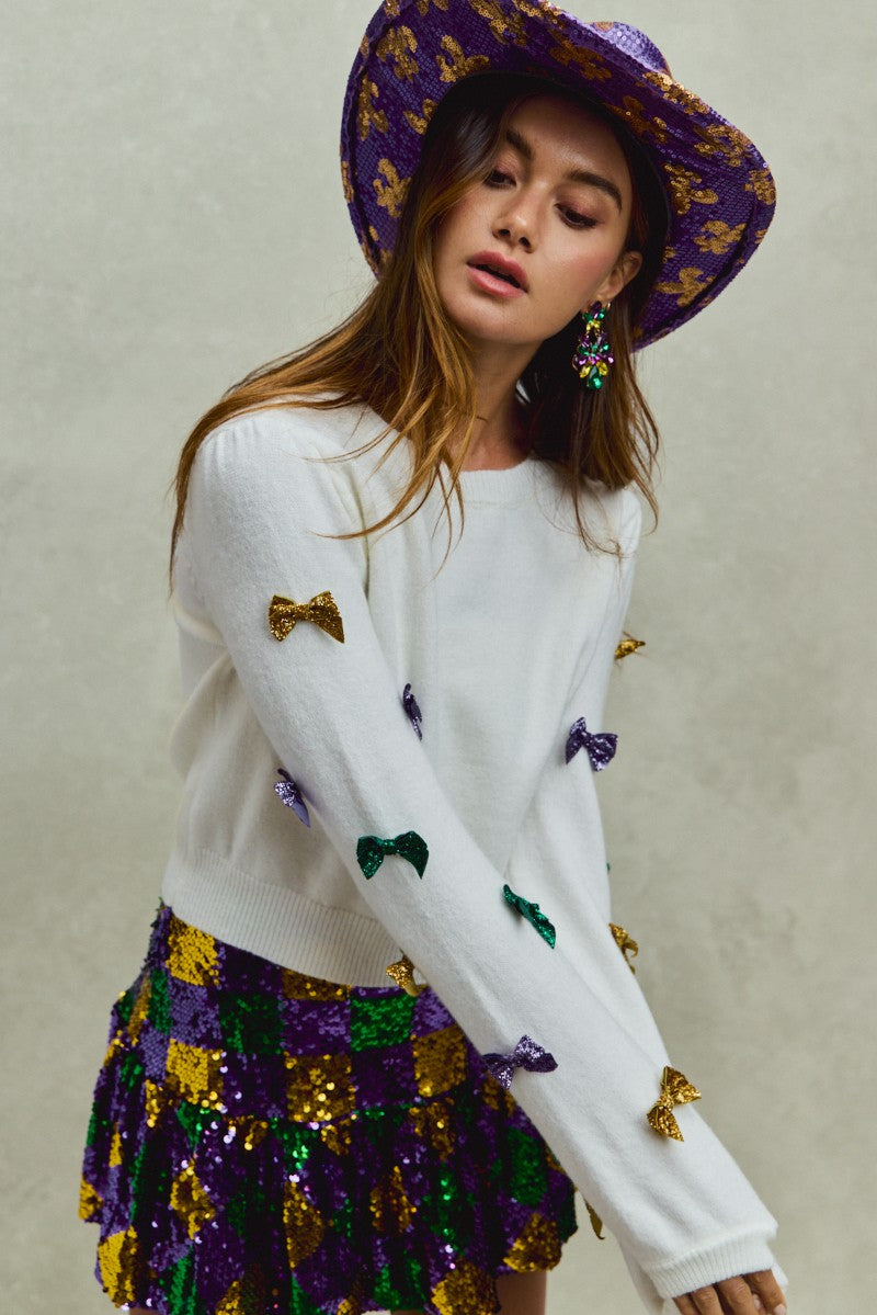 Mardi Gras Glitter Bow Sleeve Sweater