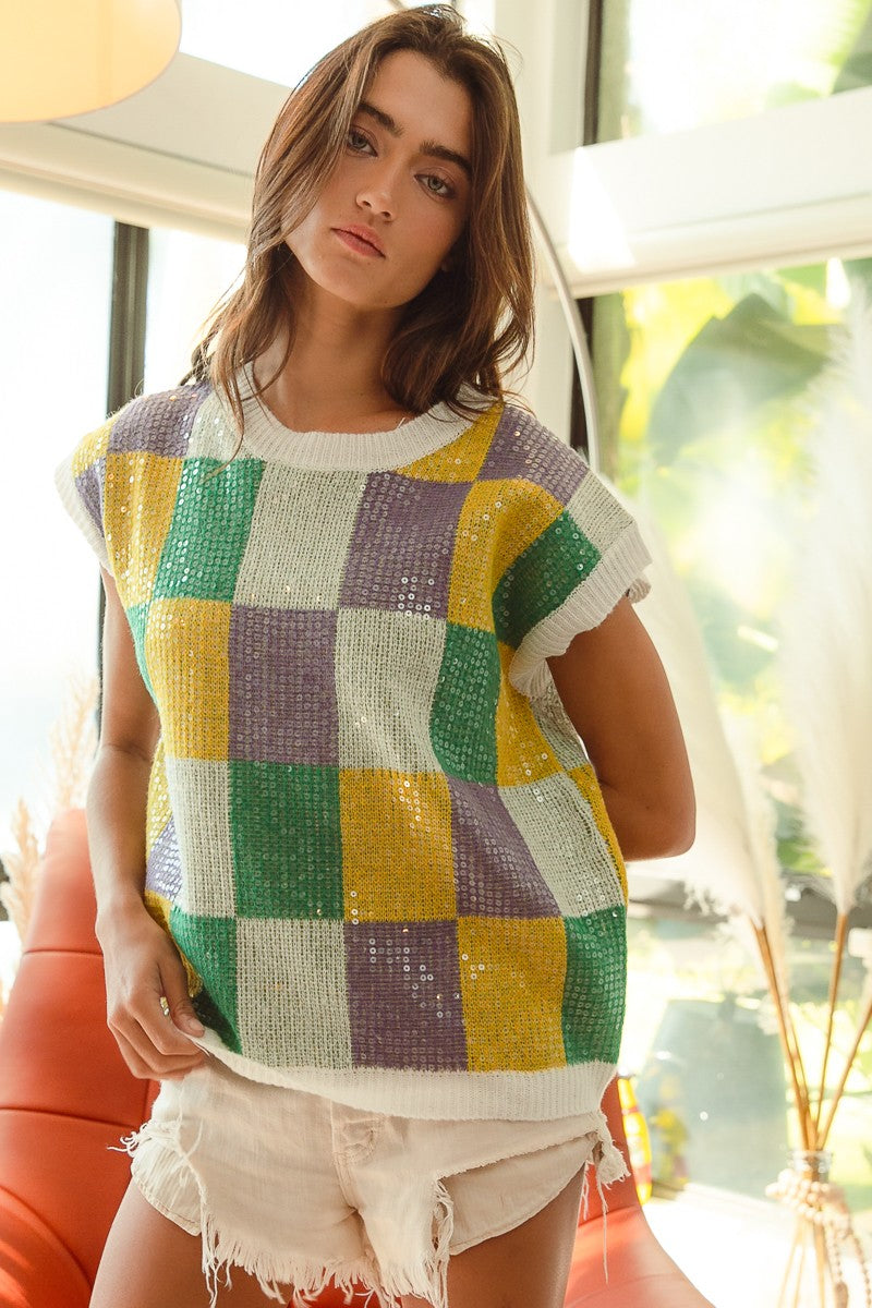 Mardi Gras Sequin Checker Sleeveless Sweater
